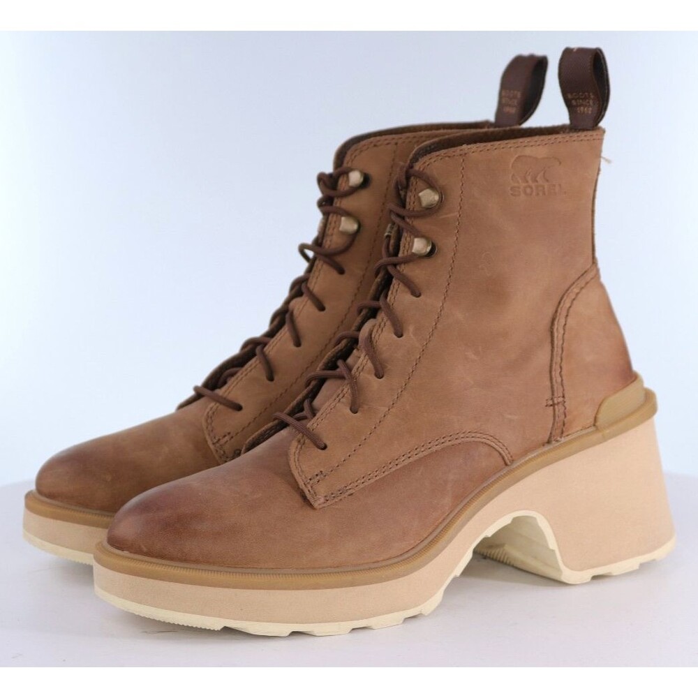 Sorel Hi Line $200 Women's Lace Heeled Boots Size 8 M Chunky Bock Leather Tan